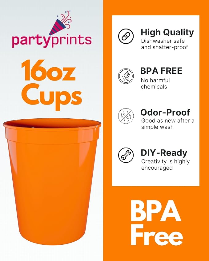 PartyPrints 100 Pack 16 oz Orange Reusable Blank Plastic Cups, Stadium Cups - Image 2