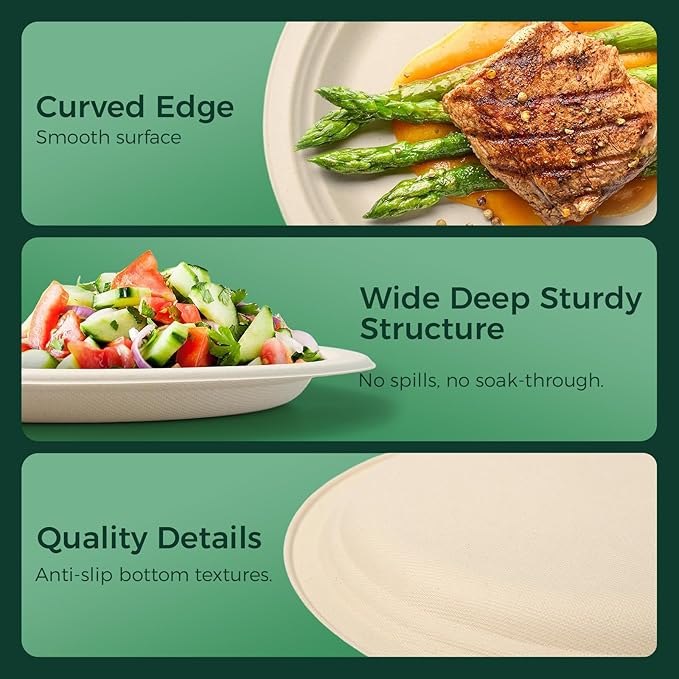 100% Compostable Plates - 125-Count Heavy Duty, Biodegradable Bagasse Plates - Eco Friendly and Sustainable (Natural, 10 inch)
