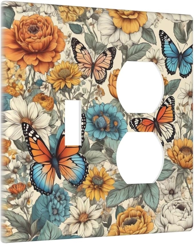 Light Switch Cover Plate Vintage Colorful Floral Butterfly Flowers 2 Gang Decorative Switch Plates 1 Toggle Duplex Combo Outlet Covers GFCI Wall Plates for Bathroom Bedroom Decor