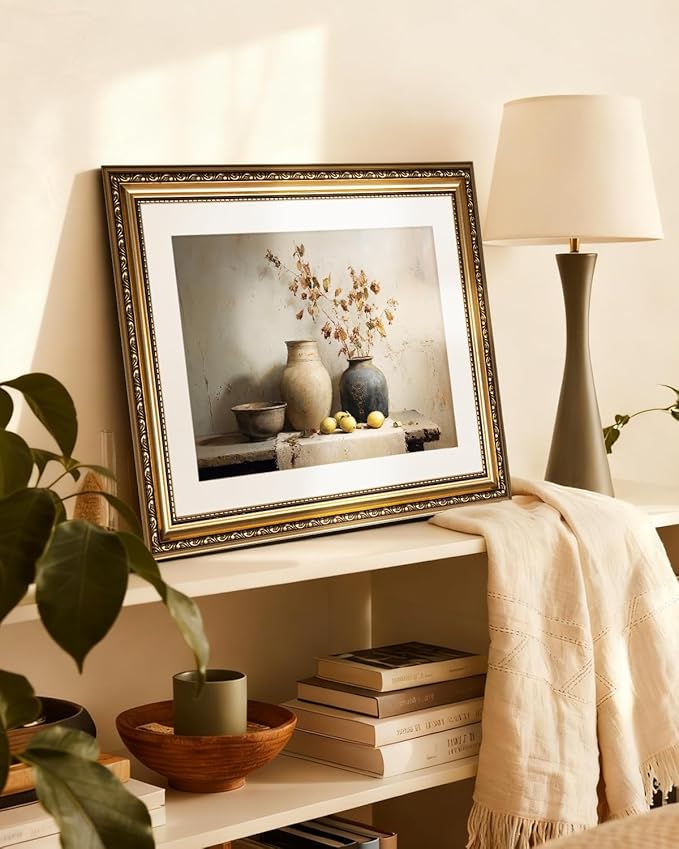 InSimSea Gold Picture Framed Wall Art, Vintage Dried Flowers Jars Kitchen Wall Decor, Still Life Fruits Canvas Print Art, Home Farmhouse Decor, Antique Paintings with Frame 13x16inch