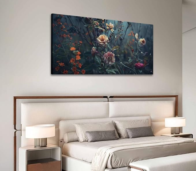 ADJUVANT Wall Art Impressionist Floral 48"L x 24"W, Dark Toned Blossoms With Lush Foliage Canvas Painting Enchanting Flowers Artwork Prints Floral Wall Decor for Living Room Bedroom Study Home Office
