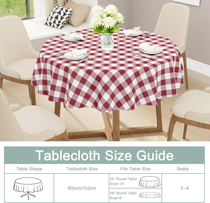 misaya Round Waterproof Vinyl Table Cloth, Buffalo Flannel Backed Tablecloth, Wipeable Plastic Table Cover for Valentine's Day, Dinner, Kitchen, Outdoor (60", Burgundy and White)
