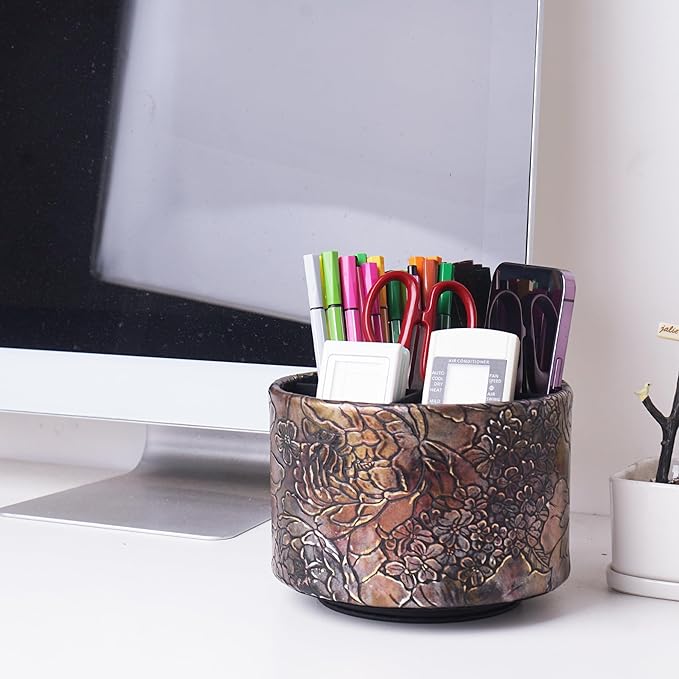 Round Leather Art Supply Organizer,Remote Control Holder,360 Degree Spinning,Multi-Functional Pencil Holder,4 Compartments Desktop Stationary Organizer(1-Rich Flower Gold)