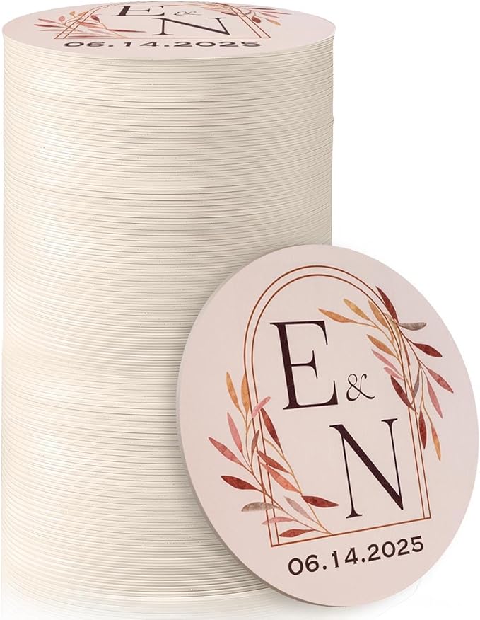 100 Pack Personalized Wedding Coasters, Custom Cardboard Coasters for Drinks with Photo Print and Text, Keepsake Wedding Favors and Gifts for Couples, 3.95" Round (Design 3)