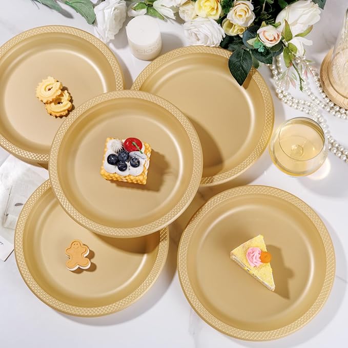 WELLIFE Gold Party Plates 9 Inch -150 Count, Disposable Plastic Dinner Plates for Party Dessert Cake Wedding Engagement Birthday
