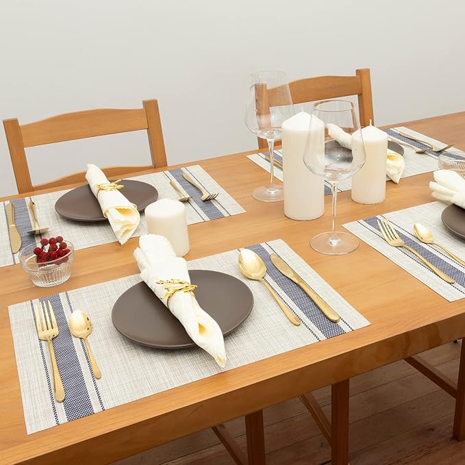 Winknowl Placemats Set of 6, Heat Resistant Non-Slip Vinyl Woven Table Mats for Dining Table, Washable Durable Elegant Place Mats for Kitchen Indoor/Outdoor Use (Beige Blue)