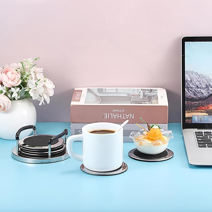 JUXYES Set of 6 Stainless Steel Round Coasters with Holder & Sponge Bottom, Silver Black Metal Cup Coasters Set Stunning Cool Coaster Cups Mats Decor for Restaurant Kitchen bar Dining Table