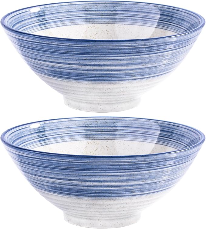 Ceramic Ramen Bowl Set of 2, 8.3" Blue Striped Japanese Noodle Bowls, Large by Whitenesser