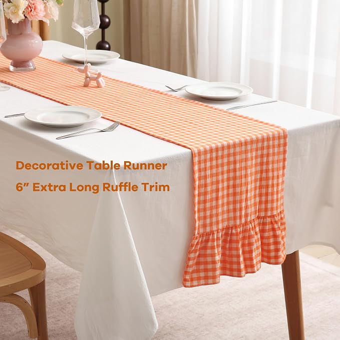Orange White Plaid Gingham Ruffle Table Runner 108 inches Long 100% Washed - Image 3