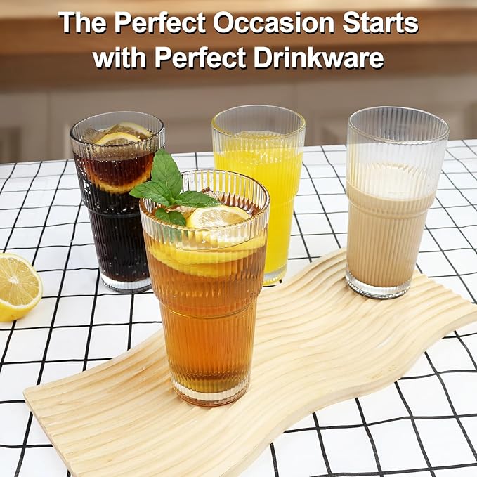Drinking Glasses，19oz Ribbed Glassware,6 Pack Old Fashioned Glasses,Thickened glass for iced coffees, smoothies, cocktails and juices, perfect for families and parties (6)