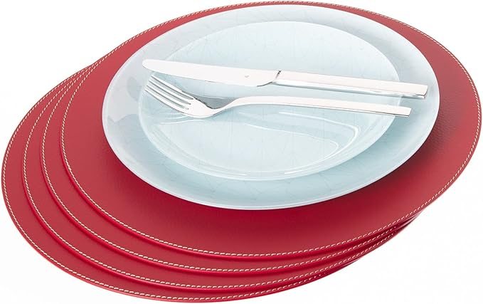 Nikalaz Round Placemats Set (Pack of 4) Recycled Leather Table Mats 15 inches, Kitchen Dining Table Decor by Nikalaz (Red)