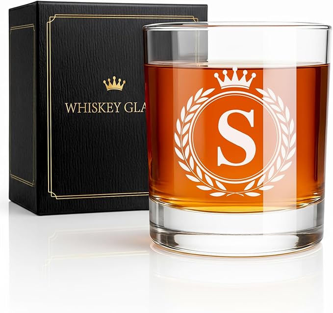 Whiskey Glasses - Rocks Old Fashioned Glass Gifts for Men, Monogrammed A-Z 10oz Personalized Whisky Glasses, Christmas Birthday Gifts for Men Him Dad Father Husband Brother Son (S)