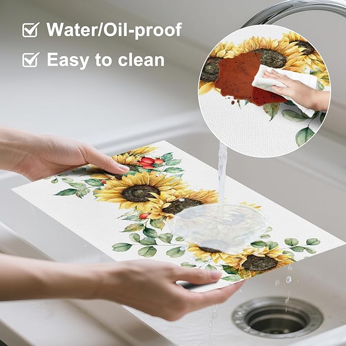 AOFOTO Sunflower Printed Placemats Set of 4 Spring Yellow Floral Leaves Fruit Printed Place Mats Washable Rectangular Table Mats for Party Home Kitchen Restaurant Dining Table Decor 12x18 Inch