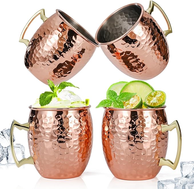 Amrules Moscow Mule Mugs Set of 4, 16 OZ Hammered Copper Cups by Amrules