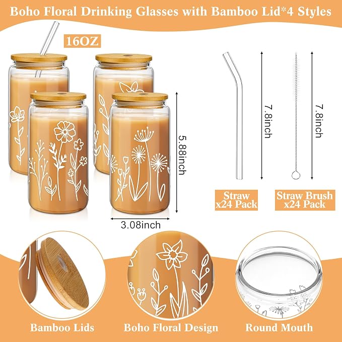 Mumufy 24 Pack Glass Cups Gift Aesthetic Cute Glass Cup Tumbler Flower Iced - Image 2