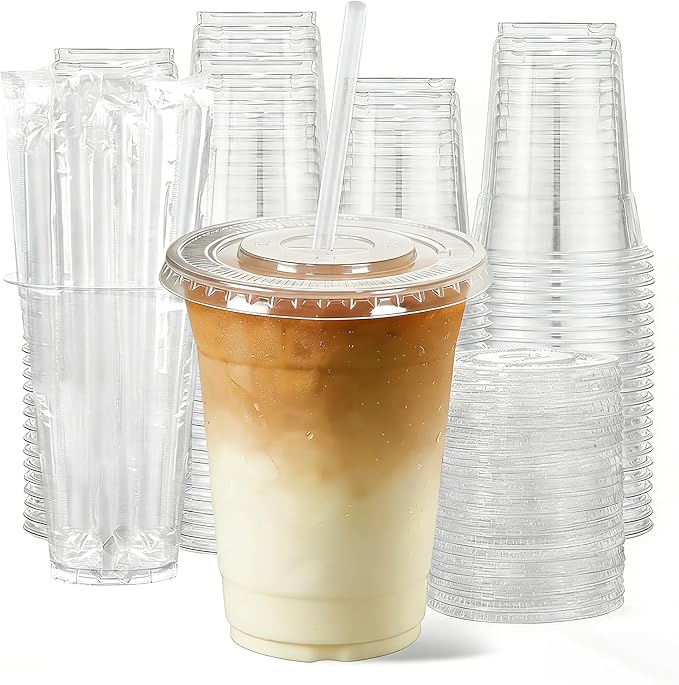 12oz Clear Plastic Cups with Lids and Straws 100 Pack | Leak-Proof Disposable by NewCupNewLife-cundao