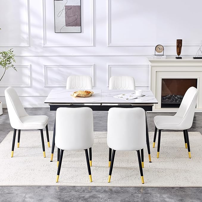 Extendable Dining Table Set for 6, 55'' to 78.8'' Rectangular Thickened Sintered Stone Kitchen Table with 6 Upholstered Chairs, Modern Space Saving 7-Piece Dinner Table Set