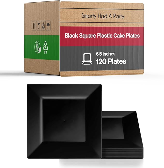 Smarty Had A Party 120 Elegant Disposable Plastic Dessert Plates, 6.5" Heavy Duty Fancy Square Black Salad Plates for Appetizers, Cakes, and Events, Bulk Party Supplies