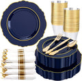 Liacere 350PCS Navy Blue Plastic Plates-Disposable Blue Gold Plates 50guest Plastic Dinnerware include 100Plates,50Pack Pre Rolled Napkins with Silverware 50Cups for Martin Luther King Jr