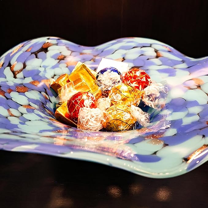 Hand Blown Murano-style Art Glass Bowl, 10.2-Inch Large Decorative Centerpiece for Table, Cobalt Blue Fruit Display & Kitchen Counter Decor