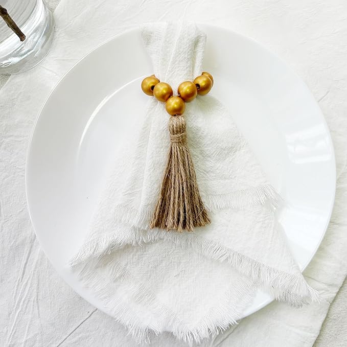 Napkin Rings Set of 12,Wooden Napkin Rings,Wood Bead Elastic Farmhouse Napkin Ring with Tassel,Boho Napkin Holder for Table Decor,Weeding,Dinner,Party(Gold)