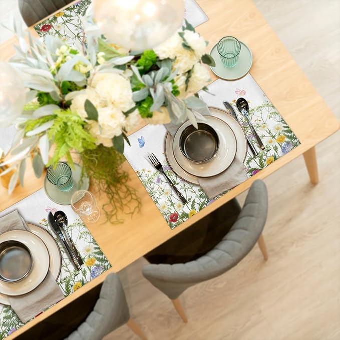 Spring Wildflowers Placemats Set of 4, Washable Elegant Placemats, Non-Slip Table Rectangle Linen Place Mats for Kitchen Dining Party Home Indoor Table Decor, Forest Style Home Decoration