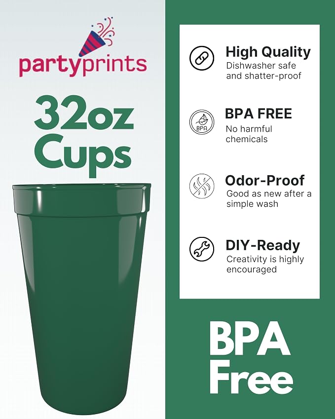 PartyPrints 10 Pack 32 oz Kelly Green Reusable Blank Plastic Cups, Colored - Image 2
