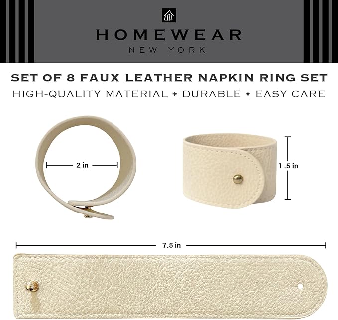 Luxury Leather Napkin Rings Set of 8, Beige, Morgan Faux Style, Modern Cuff Design for Wedding Party Decorations, Kitchen, Holiday Table,Rust Proof,Hotel, Home, Table Accessories, Dining