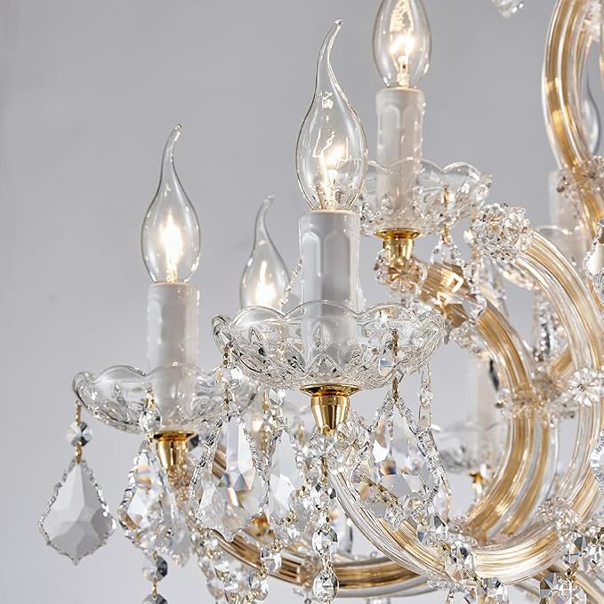 Modern Gold Chandelier Light Fixture - Large Maria Theresa Crystal Chandeliers for Dining Room, Kitchen Island, Living Room, Bedroom, 15 Lights, 2 Layers