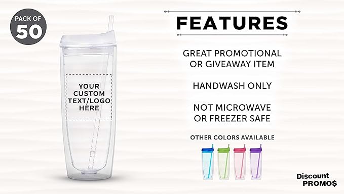 Custom Tall Orbit Acrylic Tumblers 20 oz. Set of 50, Personalized Bulk Pack - Perfect for Iced Coffee, Soda, Other Hot & Cold Beverages - Clear
