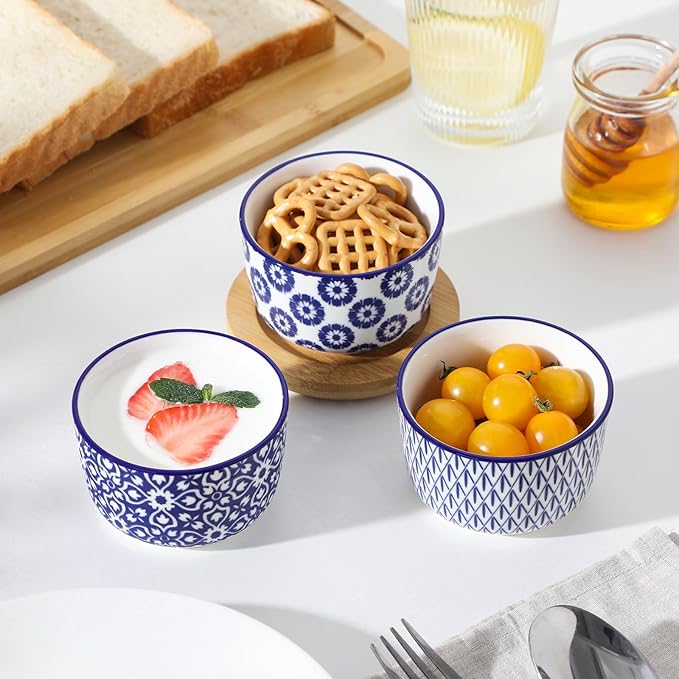 vancasso Selene 6 oz Ceramic Ramekins Set of 6, Microwave & Dishwasher Safe Souffle Cups for Baking, Dip & Sauce, Desserts, Handcrafted Blue Floral Bowls