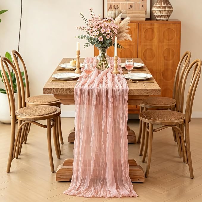 3Pcs Pink Cheesecloth Table Runner, 10FT Dusty Pink Boho Gauze Table Runner - Image 4