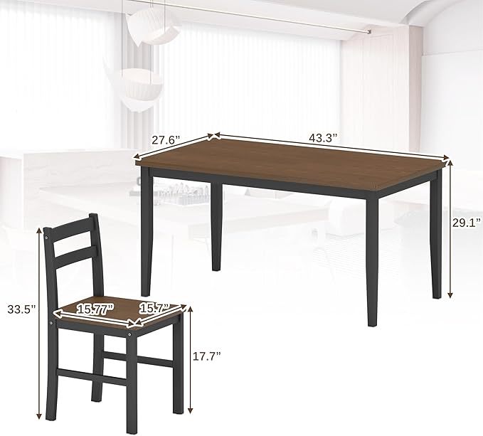 5 Piece Dining Table Set, Solid Wood Dining Table Set for 4, Farmhouse Table and 4 Chairs Set, 43.3'' Rectangular Kitchen Table Set for 4, Brown & Black
