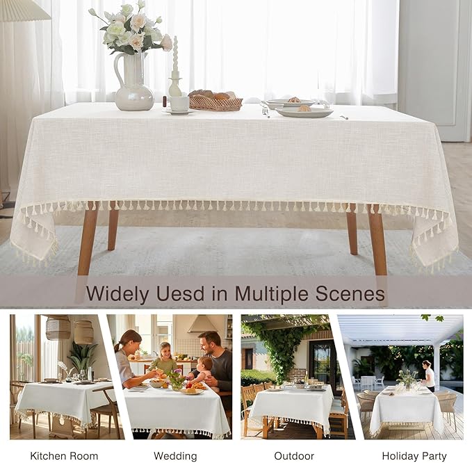 JIALE Textured Tablecloths, Heavy Duty Cotton Linen Farmhouse Table Cloth Rectangle Table, Waterproof Wrinkle-Free Rectangle Tablecloth for Kitchen, Dining, Parties, 55"x120", Ivory