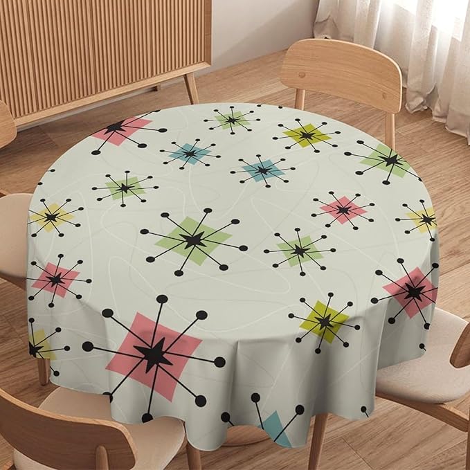 Retro Mid Century Round Tablecloth, Vintage Modern Colorful Abstract Geometric Art Bohemian Tablecloth for Home Party Dining Room Kitchen Decor 60Inch(152cm)
