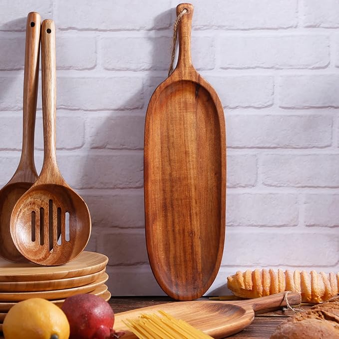 3PCS Heavy Wood Plates 16.5" Wooden Plates with Handl Reusable Dinner Plates Tableware Set of 3Acacia Solid Wood Plate Havry Wooden for Meat Steak Dessert Bread Unbreakable Classic Plate