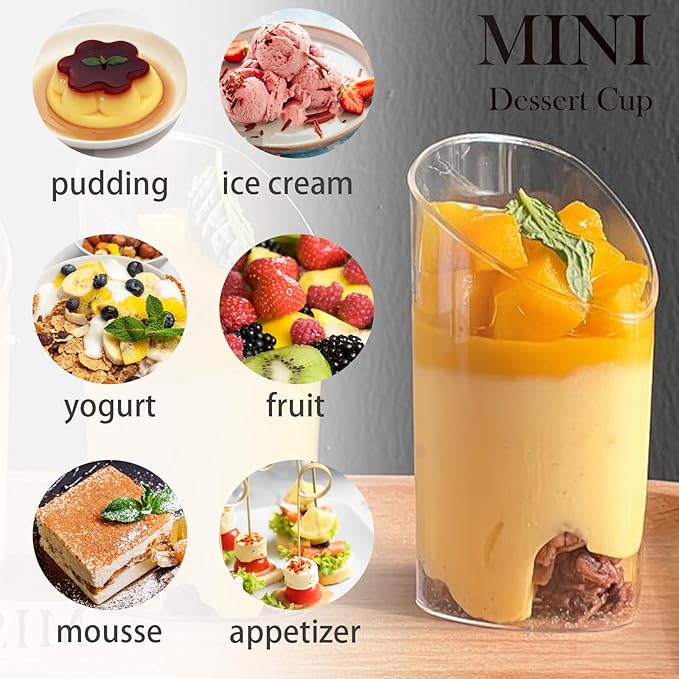 50 Pack Plastic Dessert Cups with Spoons, 3 oz Clear Mini Parfait Appetizer Cups, Reusable Slanted Triangle Shooter Serving bowls for Tasting, Small Dessert Shot Glasses