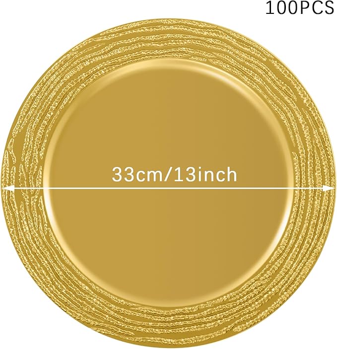 100 PCS Antique Charger Plates Bulk, 13 Inch Round Textured Edge Plastic Dinner Chargers, Bulk Plastic Charger Plates Set for Wedding, Party, Table Decor (Gold)
