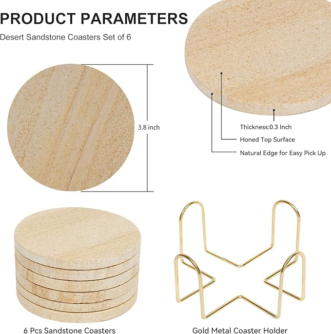 Absorbent Coasters Set of 6, Desert-Like Patterns Natural Sandstone Coaster with Holder for Coffee Table Decor, Rustic Stone Drink Coasters with Velvet Backing, Made from Australian Sandstone
