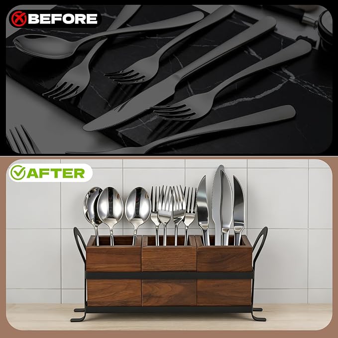 Wooden Utensil Holder with Drain Holes - 3 Compartments Farmhouse Kitchen Utensil Caddy Silverware Holder, Black Metal Tray Flatware Organizer for Spoons Forks Knives (New Improved Version)