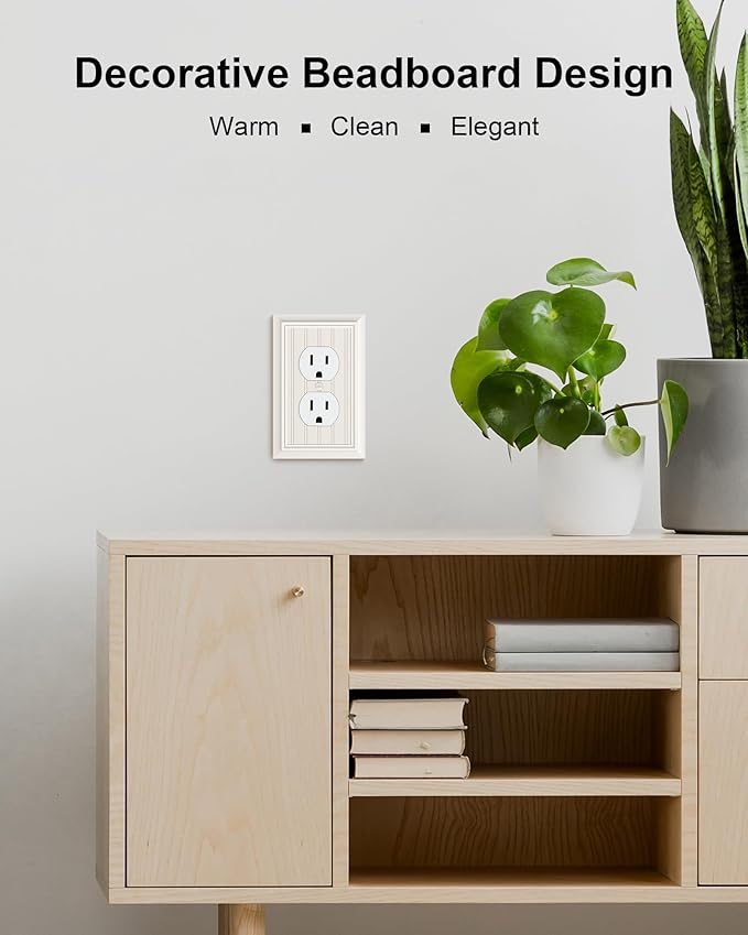 2-Pack Classic Beadboard Duplex Outlet Cover Plate, Decorative Light Almond Switch Plates and Outlet Covers, Natural Bamboo Fiber Wall Plates for Electrical Outlets, 1 Gang Receptacle Cover