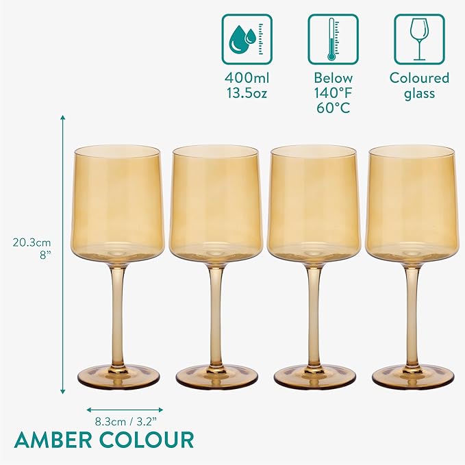 Navaris Amber Tinted Wine Glasses - Set of 4 - Coloured Wine Glasses with Stems - Stylish Design Glassware for Serving Wine, Cocktails, Dessert