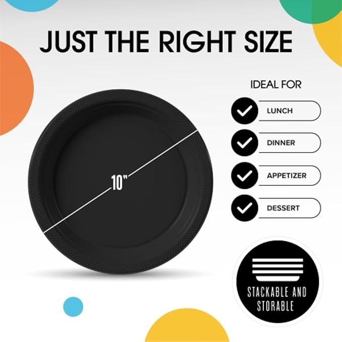 Black Plastic Plates For Party 10" Black Disposable Plates Heavy Duty 100 Pcs Plastic Dinnerware Sets Heavy Duty 350 GSM Disposable Dinnerware Set