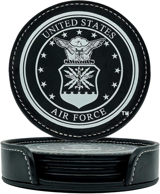 Air Force Leather Coaster Set - 4 Premium Coasters with Hot Stamped Foil USAF Logo - Air Force Gifts | USAF Leather Coasters