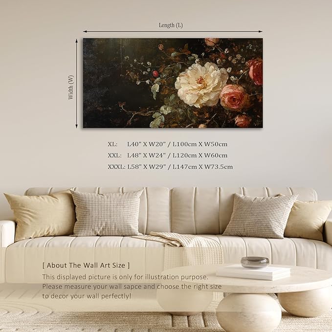 ADJUVANT Wall Art Vintage Peony And Rose Bouquet 60"L x 30"W, White Peony With Pink Roses Canvas Painting Elegant Floral Artwork Prints Botanic Wall Decor for Living Room Bedroom Dining Room Home Office