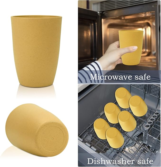 Wheat Straw Cups 6 PCS Good Alternative to Plastic Reusable Cups 20 oz Unbreakable Drinking Cup Reusable Dishwasher Safe Water Plastic Glasses Yellow Color