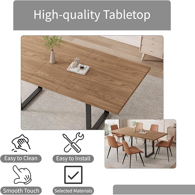 ZckyCine Expandable Walnut Dining Table, 67" to 51" Extendable Rectangular Table with Thickened Top and Metal U-Shaped Legs, Modern Wood Dining Table for Kitchen Dining Room