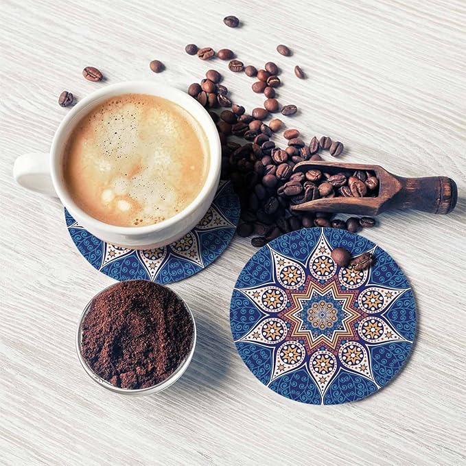 Kaleidoscopic Floral Pattern Round Coaster for Home Coffee Table Mandala Lace Chinese Mosaic Ornament Farmhouse Drink Coasters 100% Diatomite 4''X 4''X 0.35'' Printed Pattern
