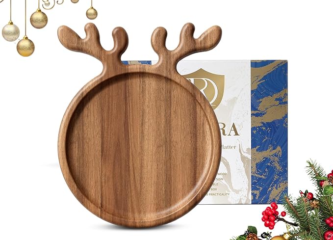 Acacia Antler Christmas Serving Platter, 12" x 15" Round Wooden Food Dish, Serving Dishes Charcuterie Board Tray for Cheese Fruit Bread, Christmas Platter for Housewarming Decro Wedding