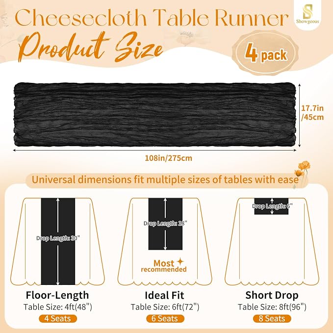Showgeous 4 Pack Black Cheesecloth Table Runner, 17 x 108 Inches | Boho - Image 2